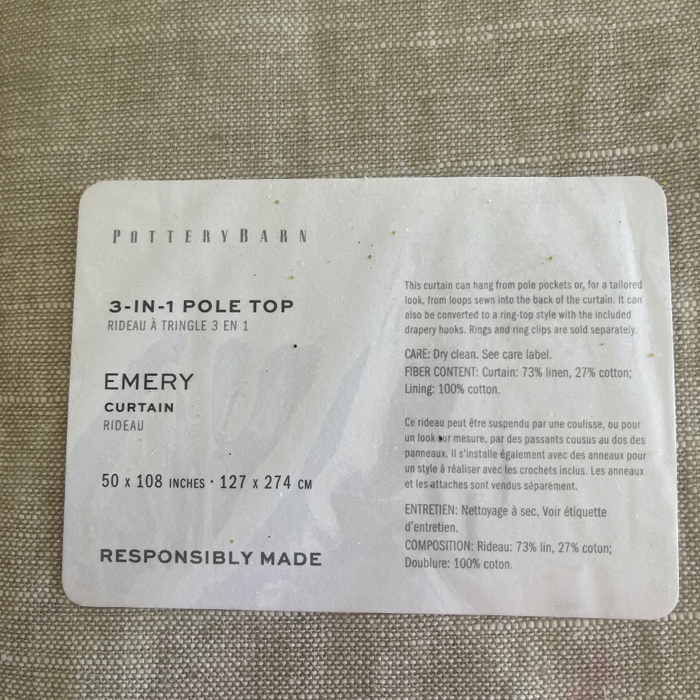 Pottery Barn Emery 3 in 1 Pole Top Curtain 50x 108